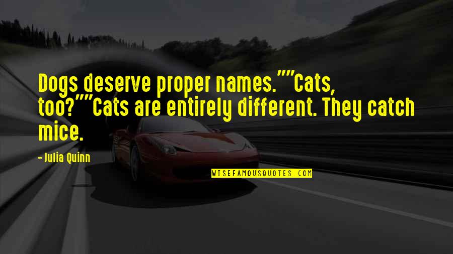 Cats And Love Quotes By Julia Quinn: Dogs deserve proper names.""Cats, too?""Cats are entirely different.