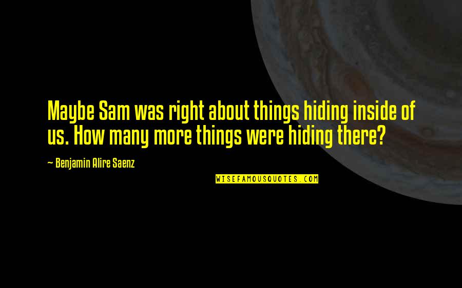 Cautiero T Clown Quotes By Benjamin Alire Saenz: Maybe Sam was right about things hiding inside Cautiero T Clown Quotes By Benjamin Alire Saenz: Maybe Sam was right about things hiding inside