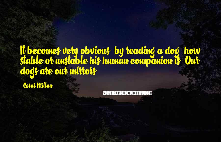 Cesar Millan quotes: It becomes very obvious, by reading a dog, how stable or unstable his human companion is. Our dogs are our mirrors.