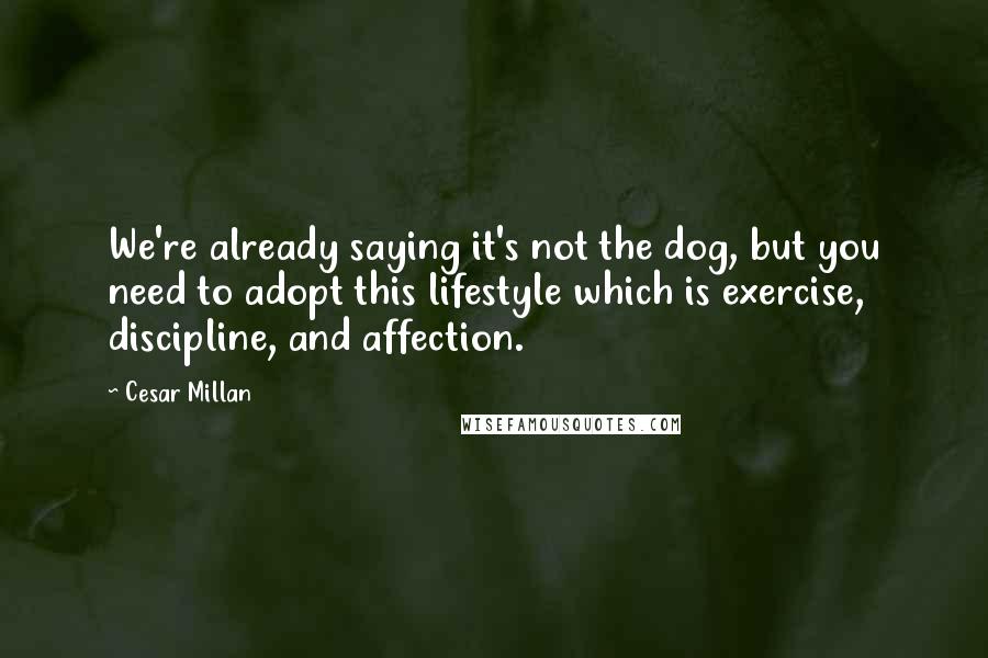 Cesar Millan quotes: We're already saying it's not the dog, but you need to adopt this lifestyle which is exercise, discipline, and affection.