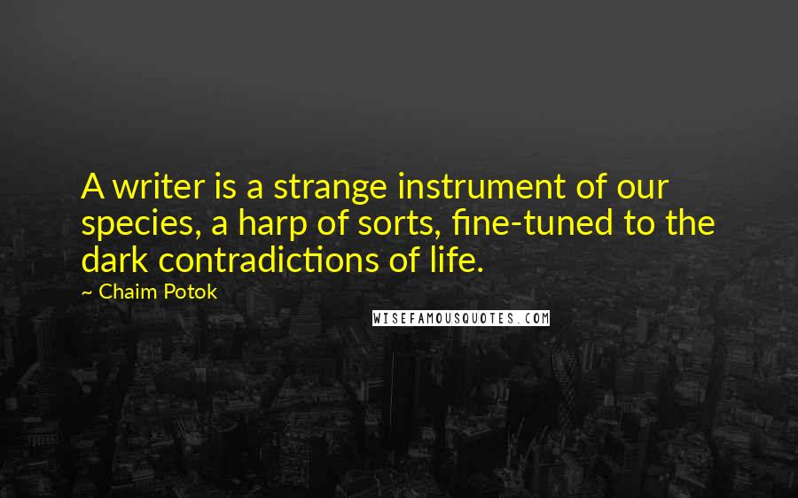 Chaim Potok quotes: A writer is a strange instrument of our species, a harp of sorts, fine-tuned to the dark contradictions of life.