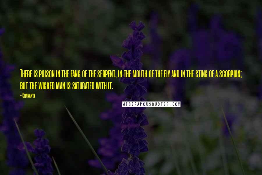 Chanakya quotes: There is poison in the fang of the serpent, in the mouth of the fly and in the sting of a scorpion; but the wicked man is saturated with it. Chanakya quotes: There is poison in the fang of the serpent, in the mouth of the fly and in the sting of a scorpion; but the wicked man is saturated with it.