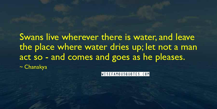 Chanakya quotes: Swans live wherever there is water, and leave the place where water dries up; let not a man act so - and comes and goes as he pleases. Chanakya quotes: Swans live wherever there is water, and leave the place where water dries up; let not a man act so - and comes and goes as he pleases.