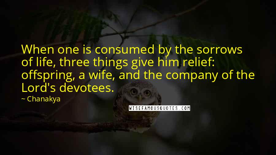Chanakya quotes: When one is consumed by the sorrows of life, three things give him relief: offspring, a wife, and the company of the Lord's devotees. Chanakya quotes: When one is consumed by the sorrows of life, three things give him relief: offspring, a wife, and the company of the Lord's devotees.