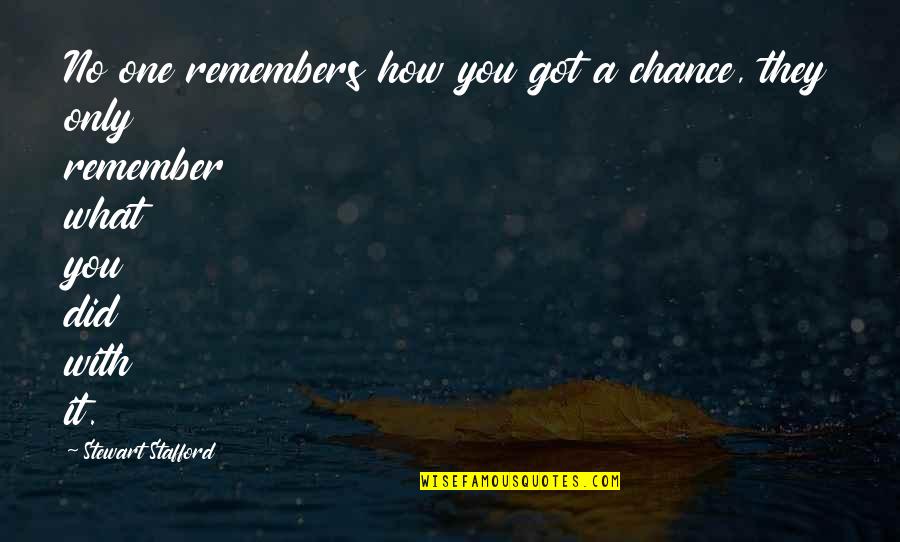 Chance And Opportunity Quotes By Stewart Stafford: No one remembers how you got a chance,