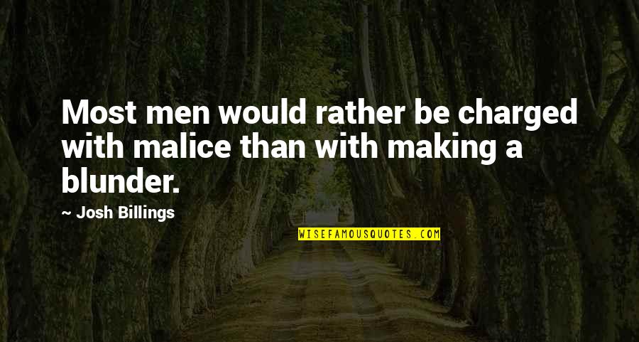 Charged Quotes By Josh Billings: Most men would rather be charged with malice