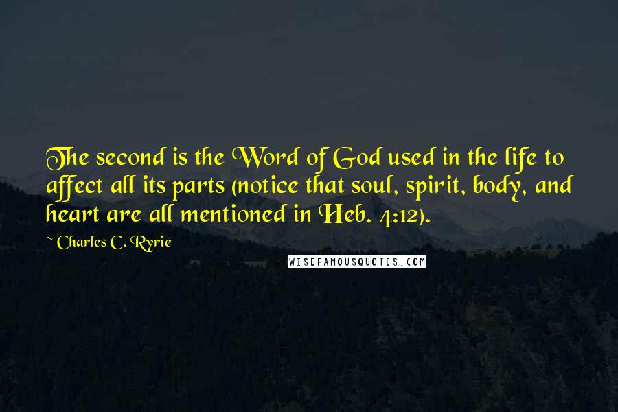 Charles C. Ryrie quotes: The second is the Word of God used in the life to affect all its parts (notice that soul, spirit, body, and heart are all mentioned in Heb. 4:12). Charles C. Ryrie quotes: The second is the Word of God used in the life to affect all its parts (notice that soul, spirit, body, and heart are all mentioned in Heb. 4:12).