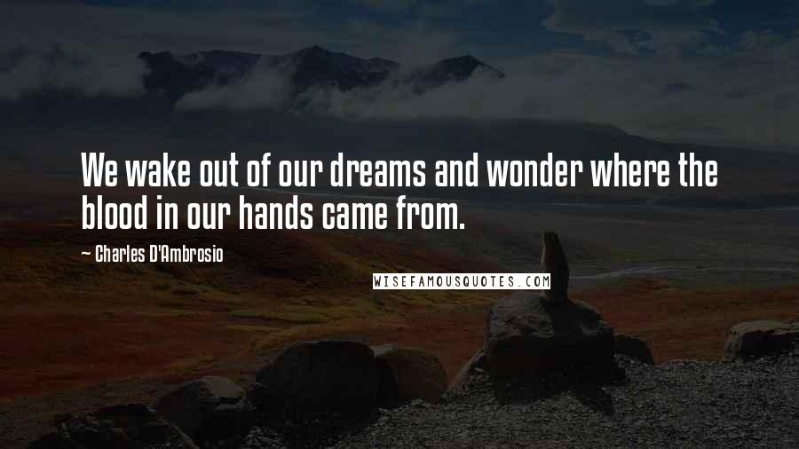 Charles D'Ambrosio quotes: We wake out of our dreams and wonder where the blood in our hands came from.