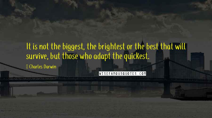 Charles Darwin quotes: It is not the biggest, the brightest or the best that will survive, but those who adapt the quickest. Charles Darwin quotes: It is not the biggest, the brightest or the best that will survive, but those who adapt the quickest.