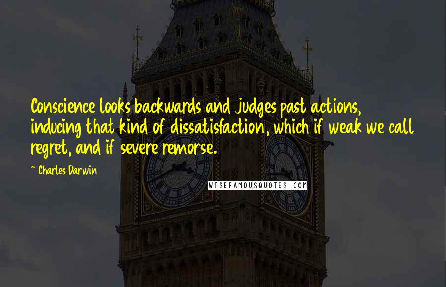 Charles Darwin quotes: Conscience looks backwards and judges past actions, inducing that kind of dissatisfaction, which if weak we call regret, and if severe remorse. Charles Darwin quotes: Conscience looks backwards and judges past actions, inducing that kind of dissatisfaction, which if weak we call regret, and if severe remorse.