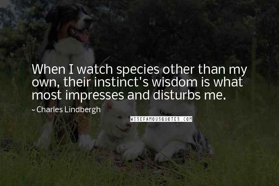 Charles Lindbergh quotes: When I watch species other than my own, their instinct's wisdom is what most impresses and disturbs me.