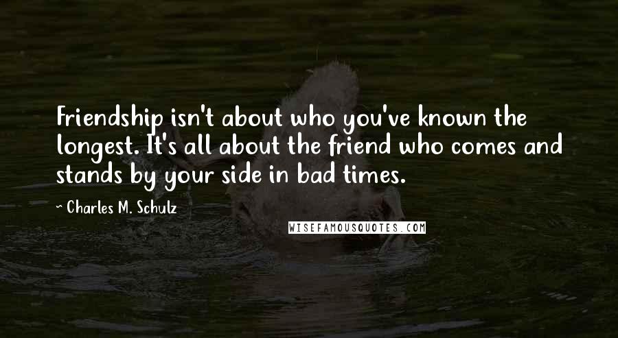 Charles M. Schulz quotes: Friendship isn't about who you've known the longest. It's all about the friend who comes and stands by your side in bad times.
