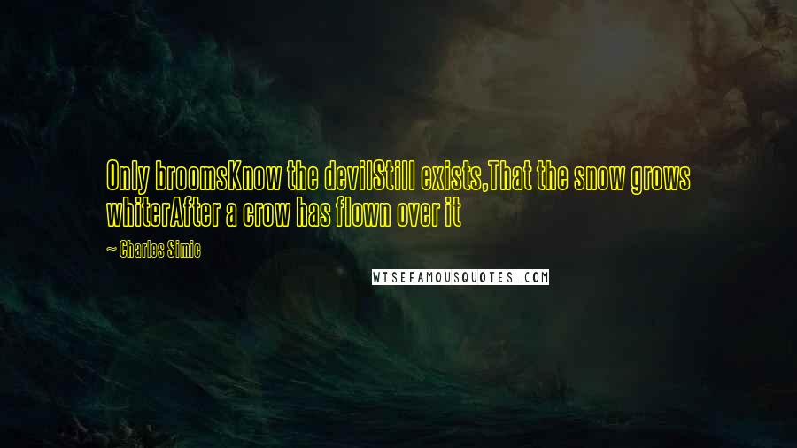 Charles Simic quotes: Only broomsKnow the devilStill exists,That the snow grows whiterAfter a crow has flown over it