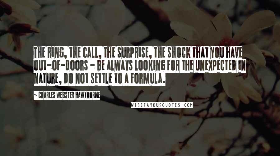 Charles Webster Hawthorne quotes: The ring, the call, the surprise, the shock that you have out-of-doors - be always looking for the unexpected in nature, do not settle to a formula.