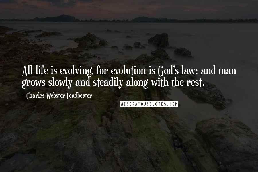Charles Webster Leadbeater quotes: All life is evolving, for evolution is God's law; and man grows slowly and steadily along with the rest.