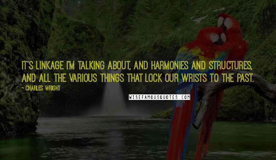 Charles Wright quotes: It's linkage I'm talking about, and harmonies and structures, And all the various things that lock our wrists to the past.