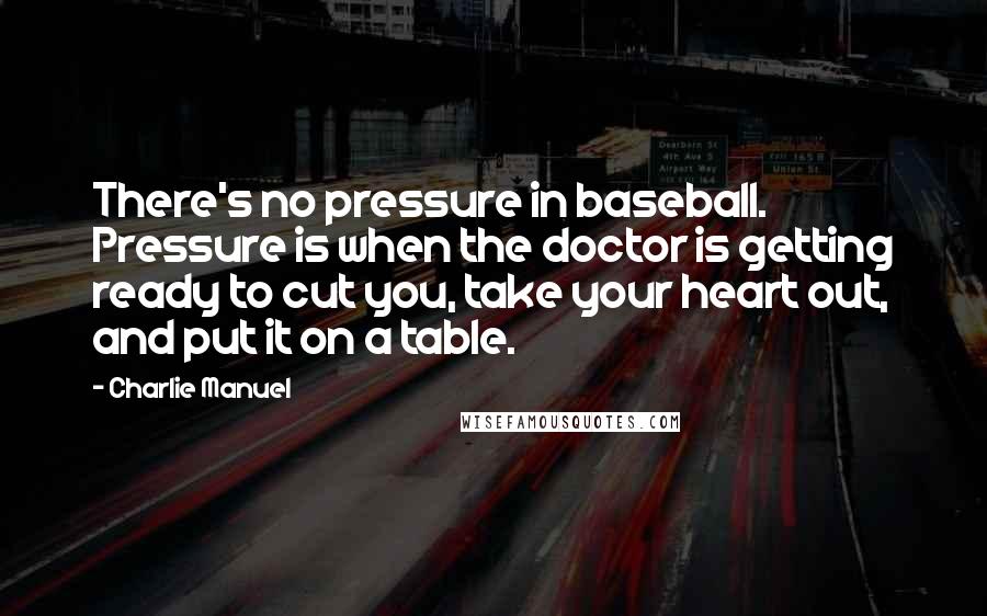 Charlie Manuel quotes: There's no pressure in baseball. Pressure is when the doctor is getting ready to cut you, take your heart out, and put it on a table.