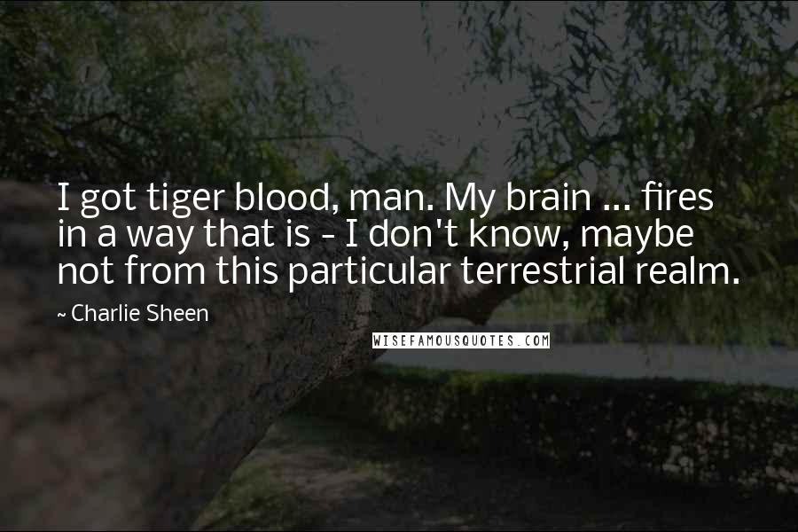 Charlie Sheen quotes: I got tiger blood, man. My brain ... fires in a way that is - I don't know, maybe not from this particular terrestrial realm.