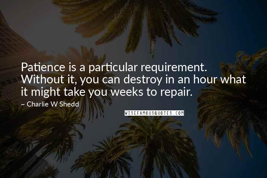 Charlie W Shedd quotes: Patience is a particular requirement. Without it, you can destroy in an hour what it might take you weeks to repair.