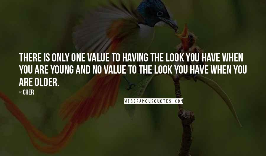 Cher quotes: There is only one value to having the look you have when you are young and no value to the look you have when you are older.