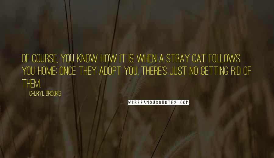 Cheryl Brooks quotes: Of course, you know how it is when a stray cat follows you home; once they adopt you, there's just no getting rid of them.