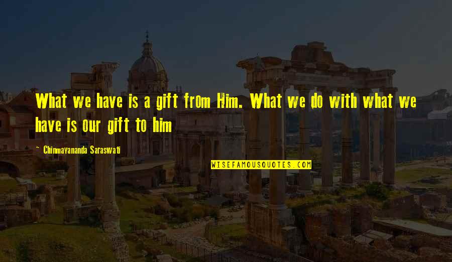 Chinmayananda Saraswati Quotes By Chinmayananda Saraswati: What we have is a gift from Him. Chinmayananda Saraswati Quotes By Chinmayananda Saraswati: What we have is a gift from Him.