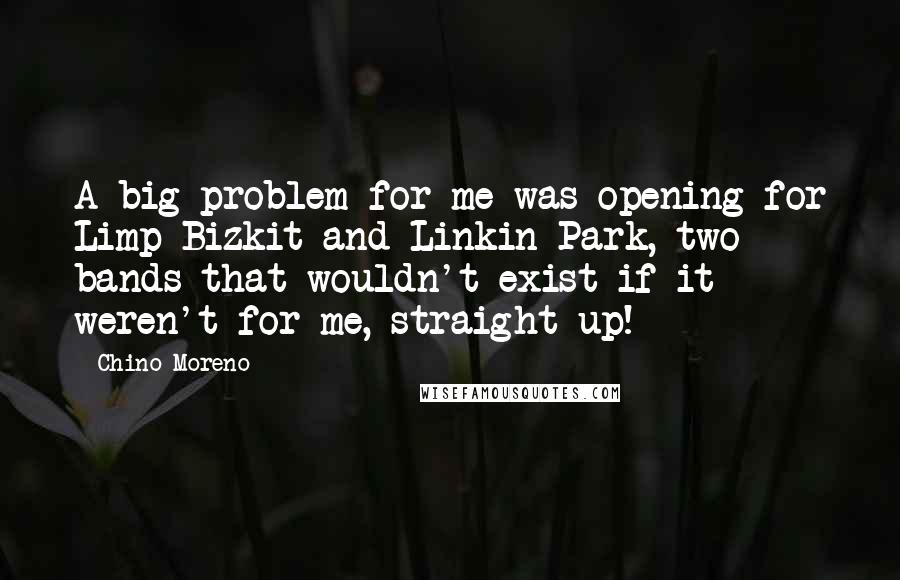 Chino Moreno quotes: A big problem for me was opening for Limp Bizkit and Linkin Park, two bands that wouldn't exist if it weren't for me, straight up! Chino Moreno quotes: A big problem for me was opening for Limp Bizkit and Linkin Park, two bands that wouldn't exist if it weren't for me, straight up!