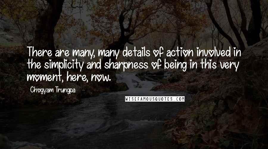 Chogyam Trungpa quotes: There are many, many details of action involved in the simplicity and sharpness of being in this very moment, here, now. Chogyam Trungpa quotes: There are many, many details of action involved in the simplicity and sharpness of being in this very moment, here, now.