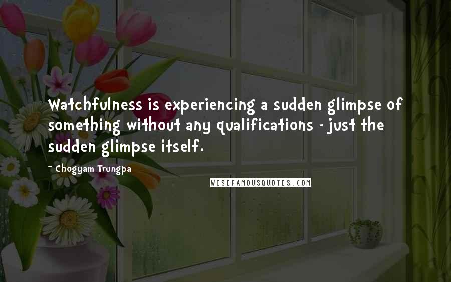Chogyam Trungpa quotes: Watchfulness is experiencing a sudden glimpse of something without any qualifications - just the sudden glimpse itself. Chogyam Trungpa quotes: Watchfulness is experiencing a sudden glimpse of something without any qualifications - just the sudden glimpse itself.