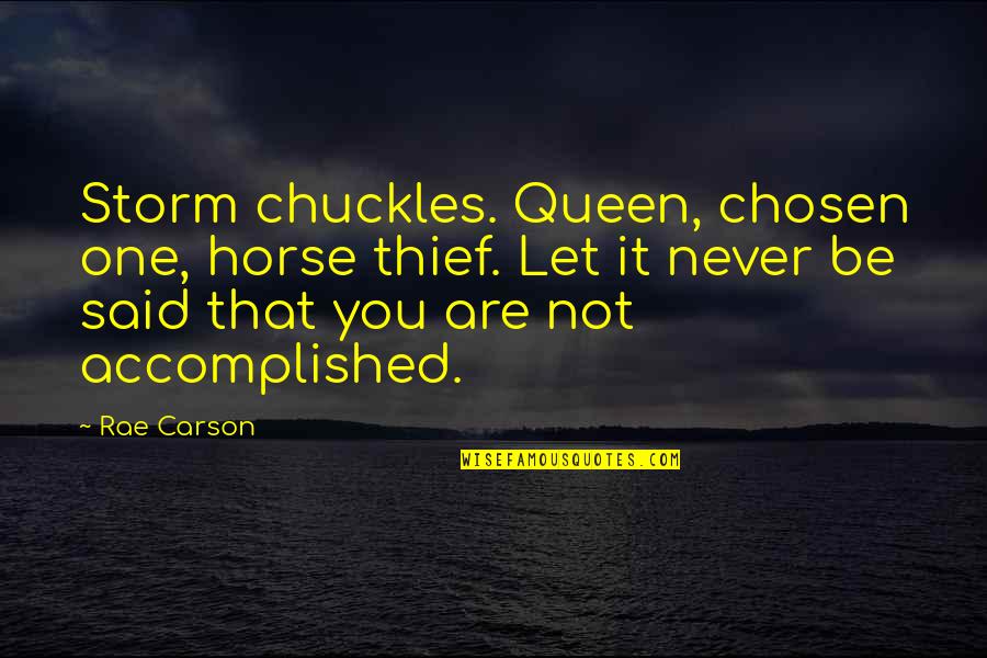 Chosen One Quotes By Rae Carson: Storm chuckles. Queen, chosen one, horse thief. Let