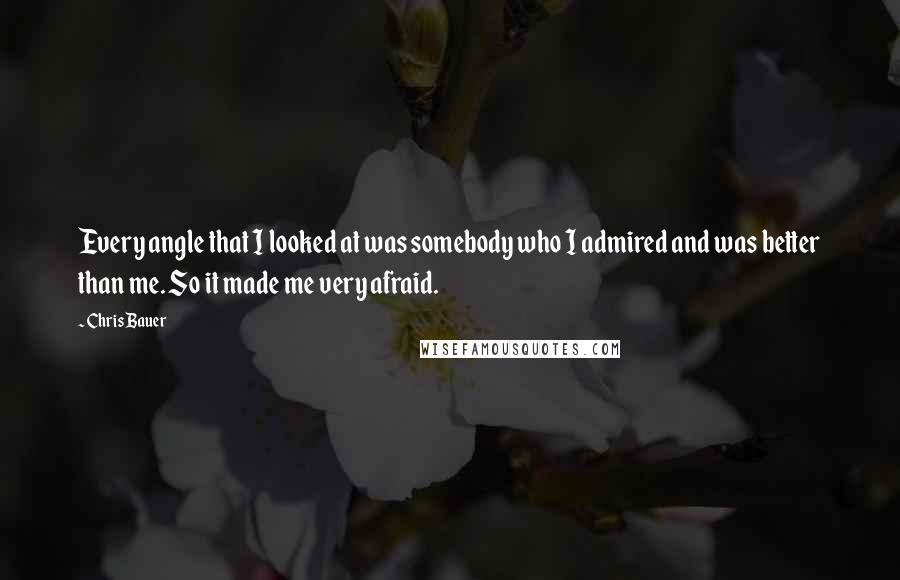 Chris Bauer quotes: Every angle that I looked at was somebody who I admired and was better than me. So it made me very afraid. Chris Bauer quotes: Every angle that I looked at was somebody who I admired and was better than me. So it made me very afraid.