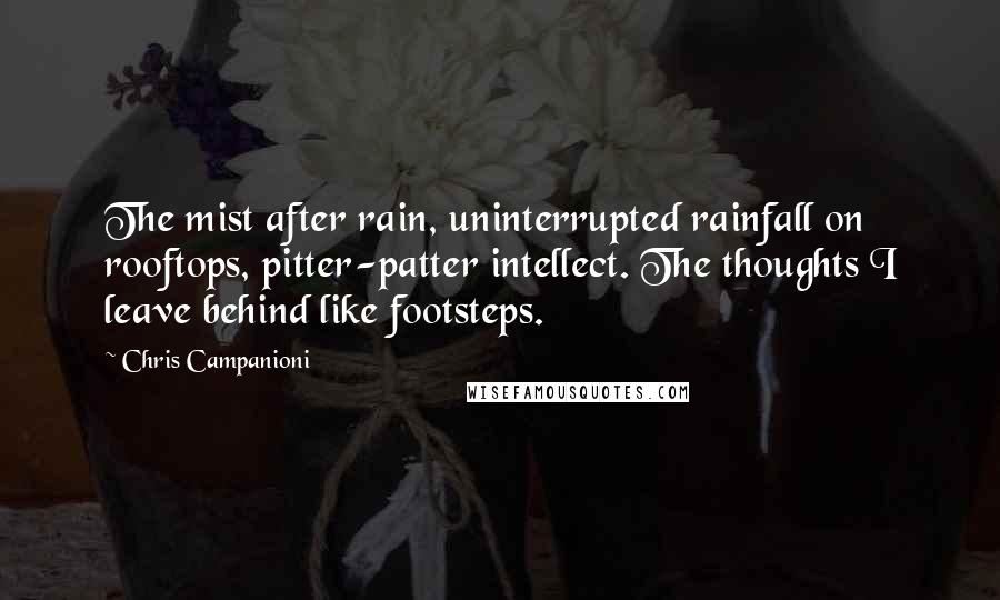 Chris Campanioni quotes: The mist after rain, uninterrupted rainfall on rooftops, pitter-patter intellect. The thoughts I leave behind like footsteps.