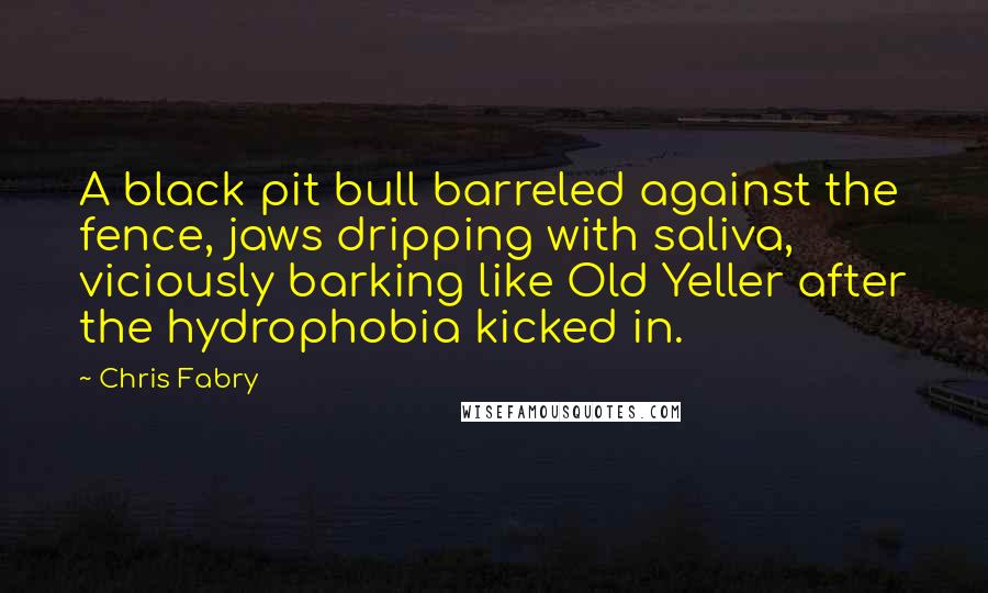 Chris Fabry quotes: A black pit bull barreled against the fence, jaws dripping with saliva, viciously barking like Old Yeller after the hydrophobia kicked in.