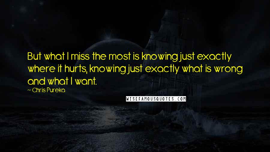 Chris Pureka quotes: But what I miss the most is knowing just exactly where it hurts, knowing just exactly what is wrong and what I want. Chris Pureka quotes: But what I miss the most is knowing just exactly where it hurts, knowing just exactly what is wrong and what I want.