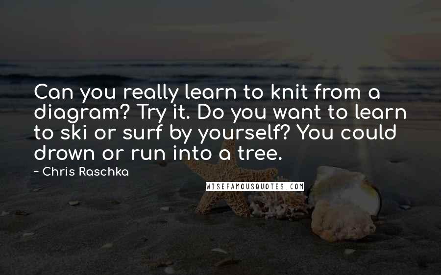 Chris Raschka quotes: Can you really learn to knit from a diagram? Try it. Do you want to learn to ski or surf by yourself? You could drown or run into a tree.