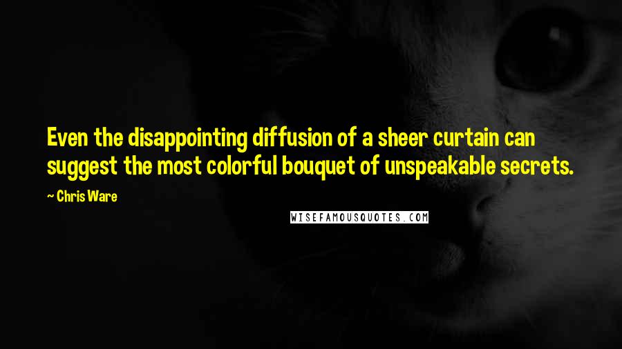 Chris Ware quotes: Even the disappointing diffusion of a sheer curtain can suggest the most colorful bouquet of unspeakable secrets.