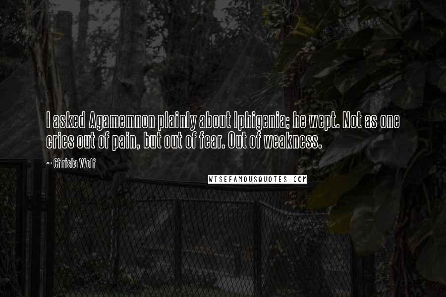 Christa Wolf quotes: I asked Agamemnon plainly about Iphigenia; he wept. Not as one cries out of pain, but out of fear. Out of weakness.