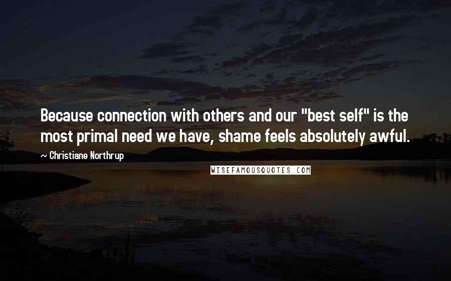 Christiane Northrup quotes: Because connection with others and our "best self" is the most primal need we have, shame feels absolutely awful.