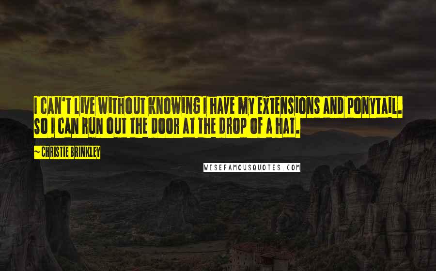 Christie Brinkley quotes: I can't live without knowing I have my extensions and ponytail. So I can run out the door at the drop of a hat. Christie Brinkley quotes: I can't live without knowing I have my extensions and ponytail. So I can run out the door at the drop of a hat.