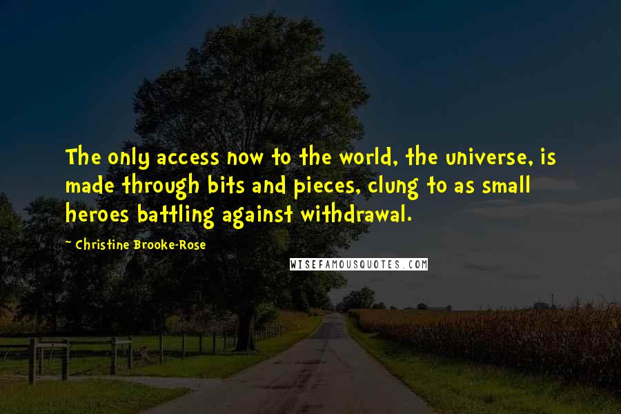 Christine Brooke-Rose quotes: The only access now to the world, the universe, is made through bits and pieces, clung to as small heroes battling against withdrawal. Christine Brooke-Rose quotes: The only access now to the world, the universe, is made through bits and pieces, clung to as small heroes battling against withdrawal.