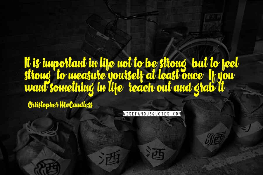 Christopher McCandless quotes: It is important in life not to be strong, but to feel strong, to measure yourself at least once. If you want something in life, reach out and grab it.