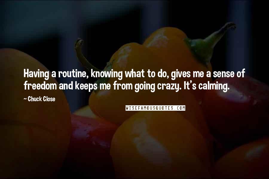 Chuck Close quotes: Having a routine, knowing what to do, gives me a sense of freedom and keeps me from going crazy. It's calming.