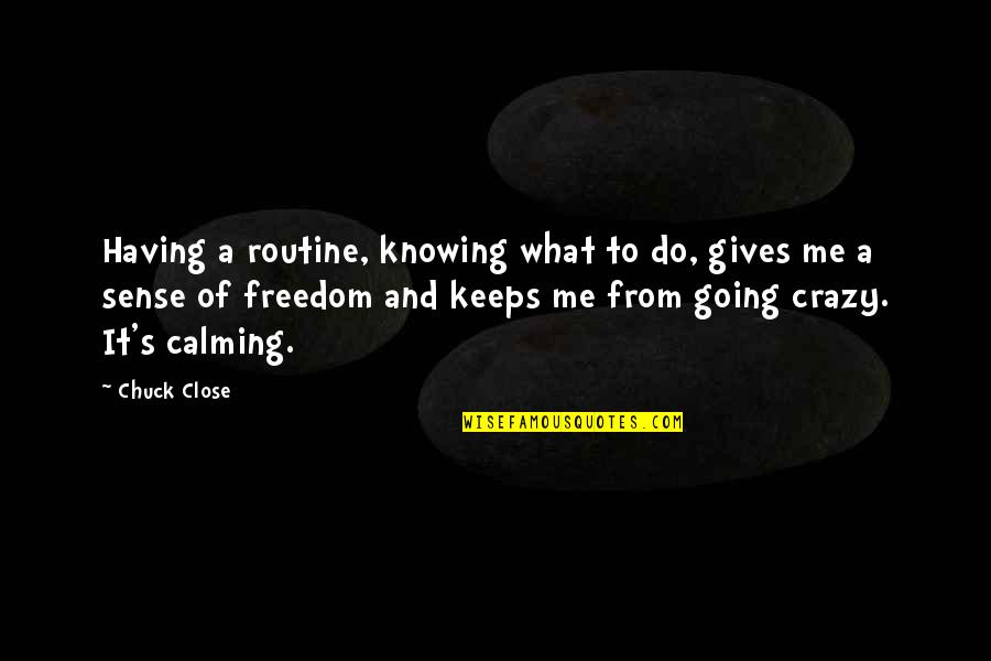 Chuck's Quotes By Chuck Close: Having a routine, knowing what to do, gives