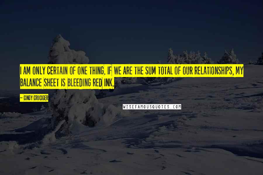 Cindy Cruciger quotes: I am only certain of one thing. If we are the sum total of our relationships, my balance sheet is bleeding red ink.