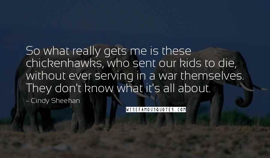 Cindy Sheehan quotes: So what really gets me is these chickenhawks, who sent our kids to die, without ever serving in a war themselves. They don't know what it's all about.