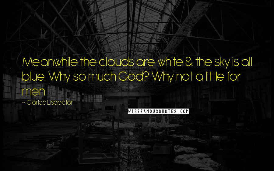 Clarice Lispector quotes: Meanwhile the clouds are white & the sky is all blue. Why so much God? Why not a little for men.