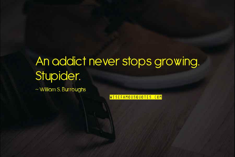 Clashing Realities Quotes By William S. Burroughs: An addict never stops growing. Stupider. Clashing Realities Quotes By William S. Burroughs: An addict never stops growing. Stupider.