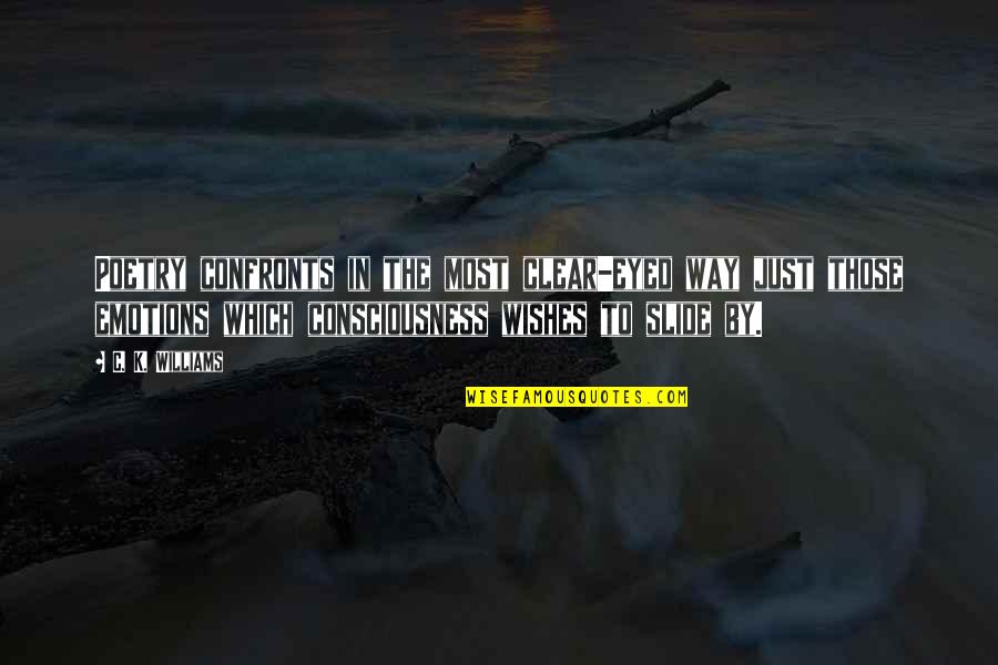 Clear Consciousness Quotes By C. K. Williams: Poetry confronts in the most clear-eyed way just
