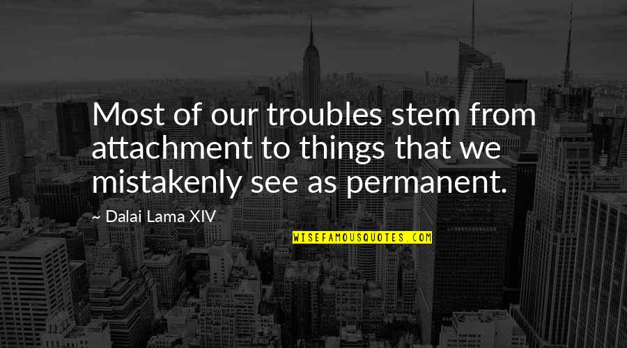 Clinically Insane Quotes By Dalai Lama XIV: Most of our troubles stem from attachment to