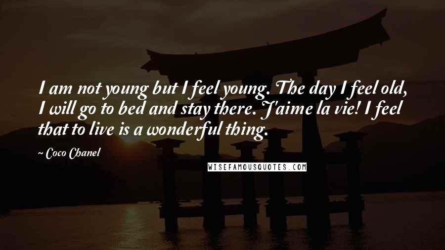 Coco Chanel quotes: I am not young but I feel young. The day I feel old, I will go to bed and stay there. J'aime la vie! I feel that to live is